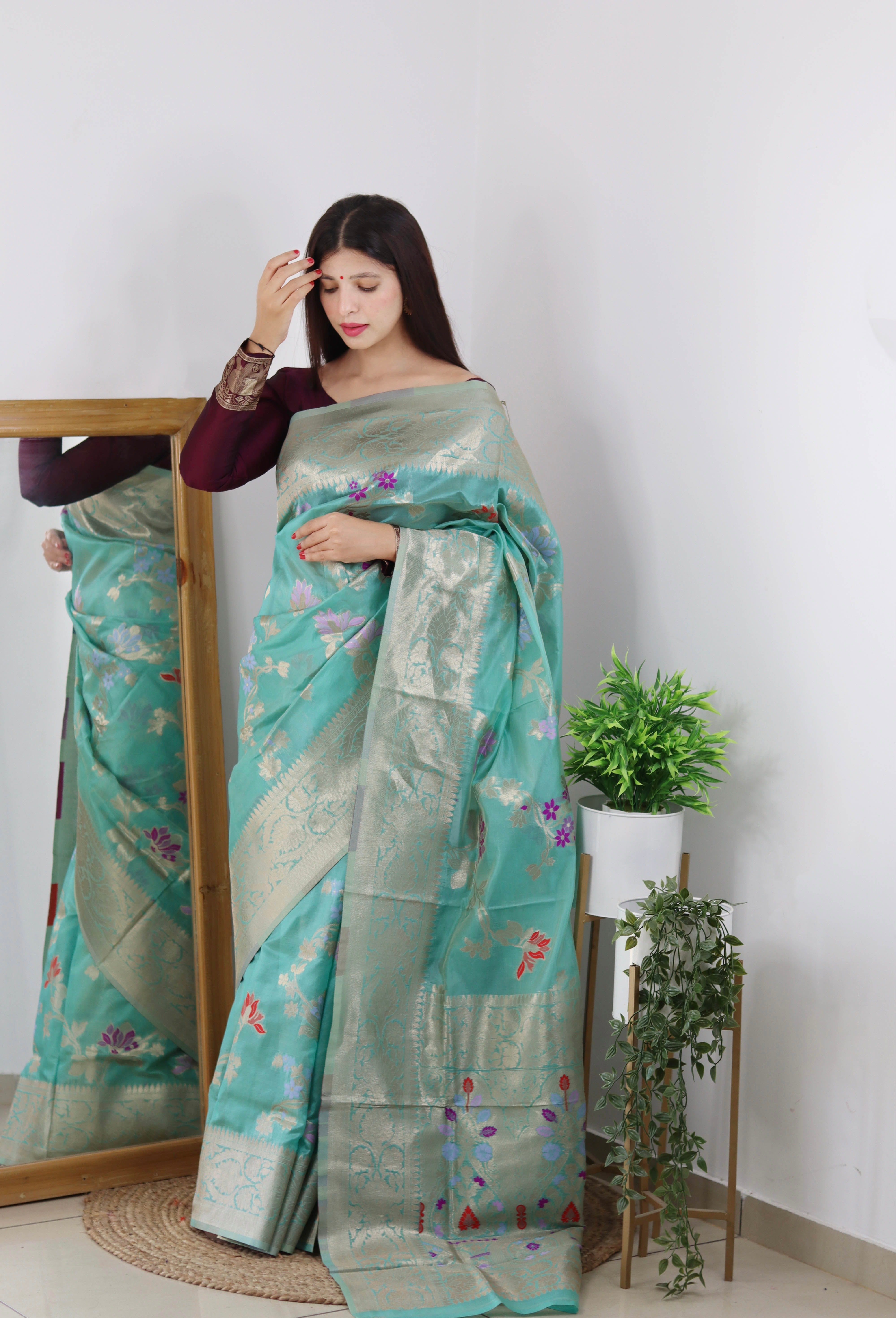 PURE ORGENZA WITH MINNA WORK BANARASI SAREE