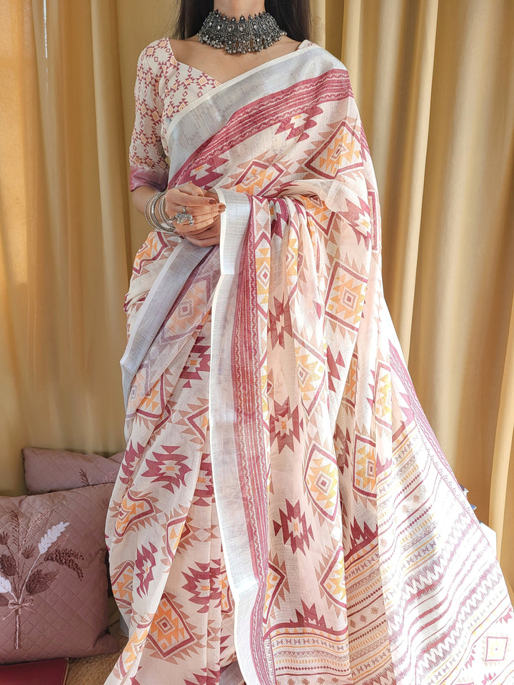 Ivory Linen Saree with Geometric Tribal Prints & Tassel Accents
