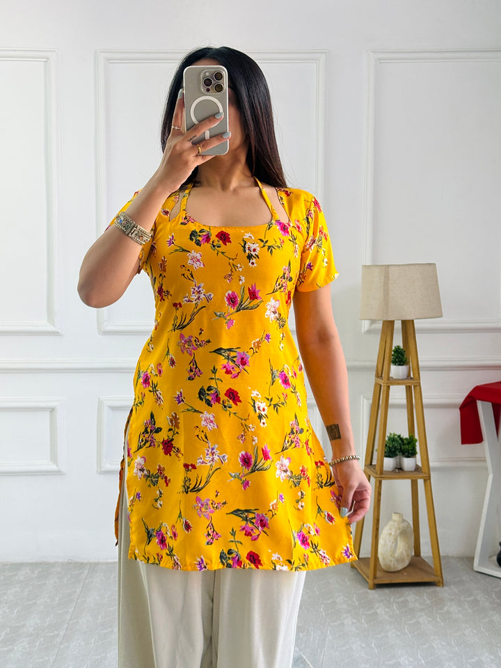 Bright Yellow Floral Cambric Cotton Kurti with Corset Back
