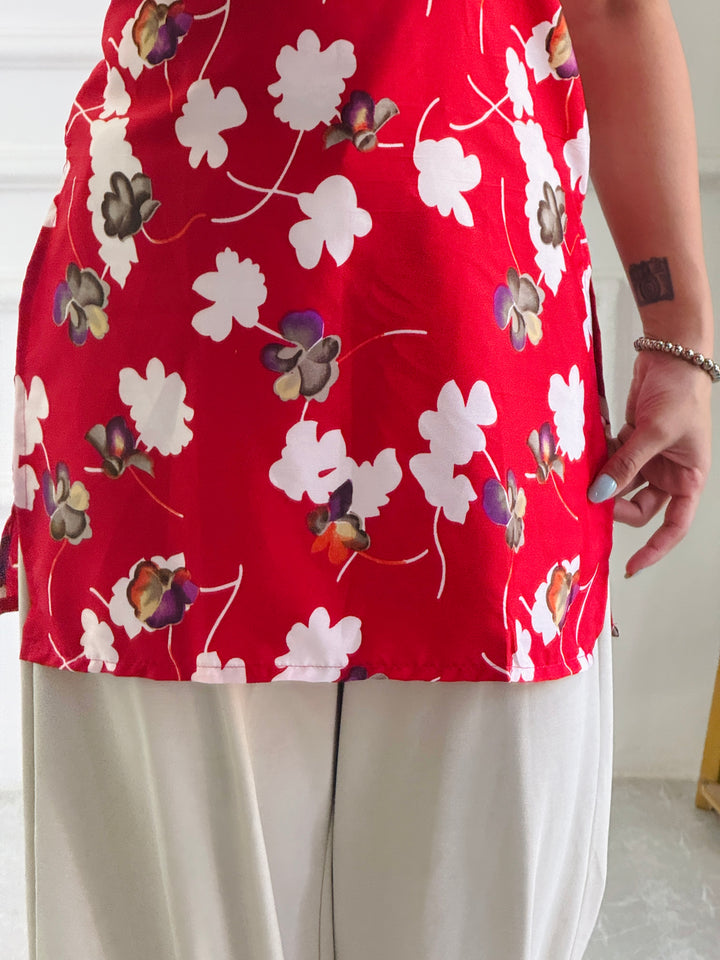 Bold Red Floral Cambric Cotton Kurti with Lace-Up Detail