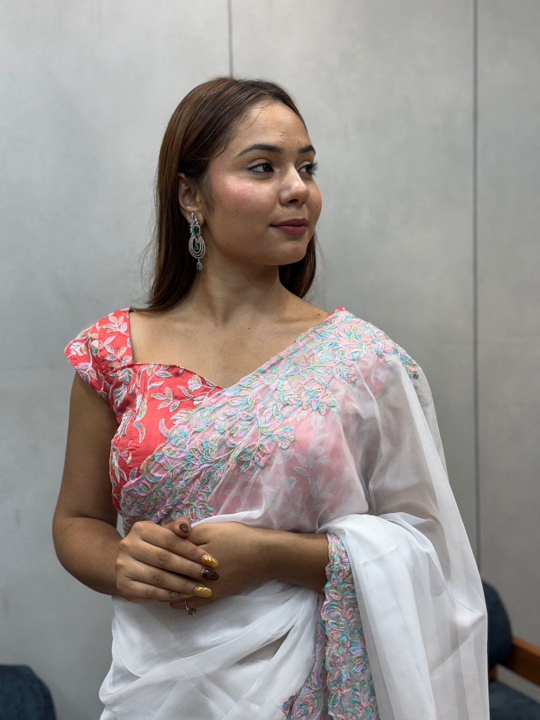 Elegant White tabby Organza Saree with Pastel Floral Embroidery & Pink Printed Blouse