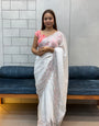 Elegant White tabby Organza Saree with Pastel Floral Embroidery & Pink Printed Blouse