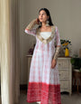 White & Red Faux Georgette Kurti Set with Mirror Work | 3-Piece Festive Wear