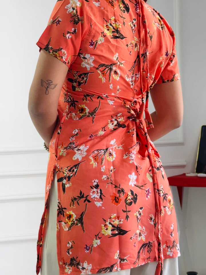 Coral Orange Floral Print Kurti with Adjustable Lace-Up Detail