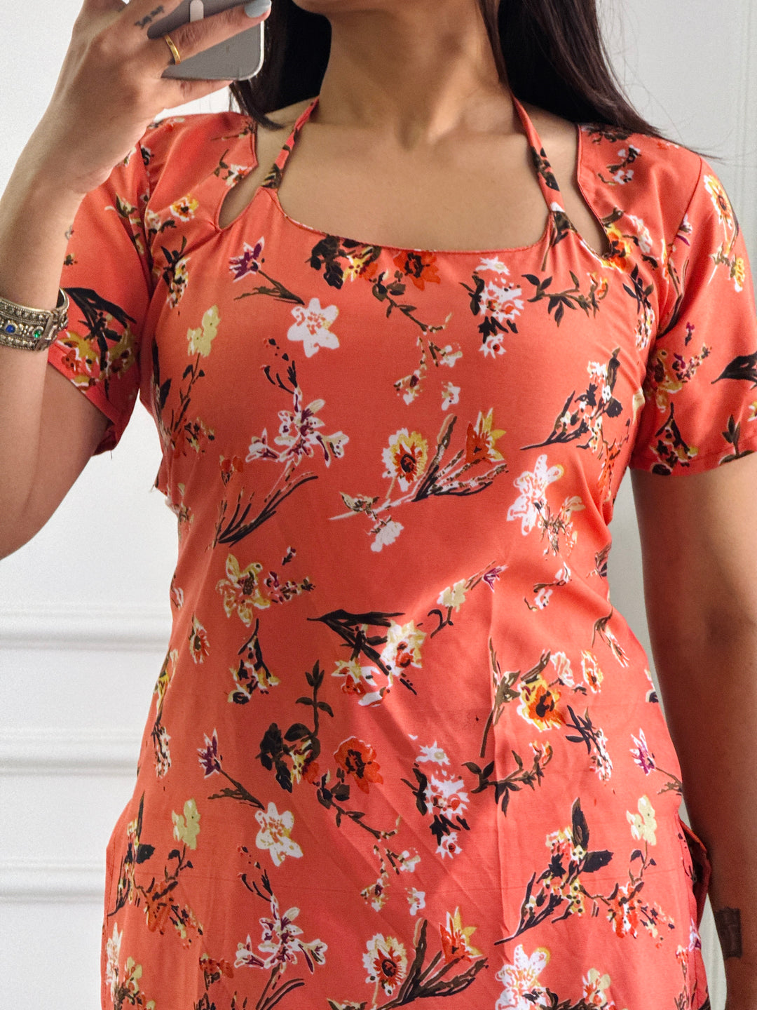 Coral Orange Floral Print Kurti with Adjustable Lace-Up Detail