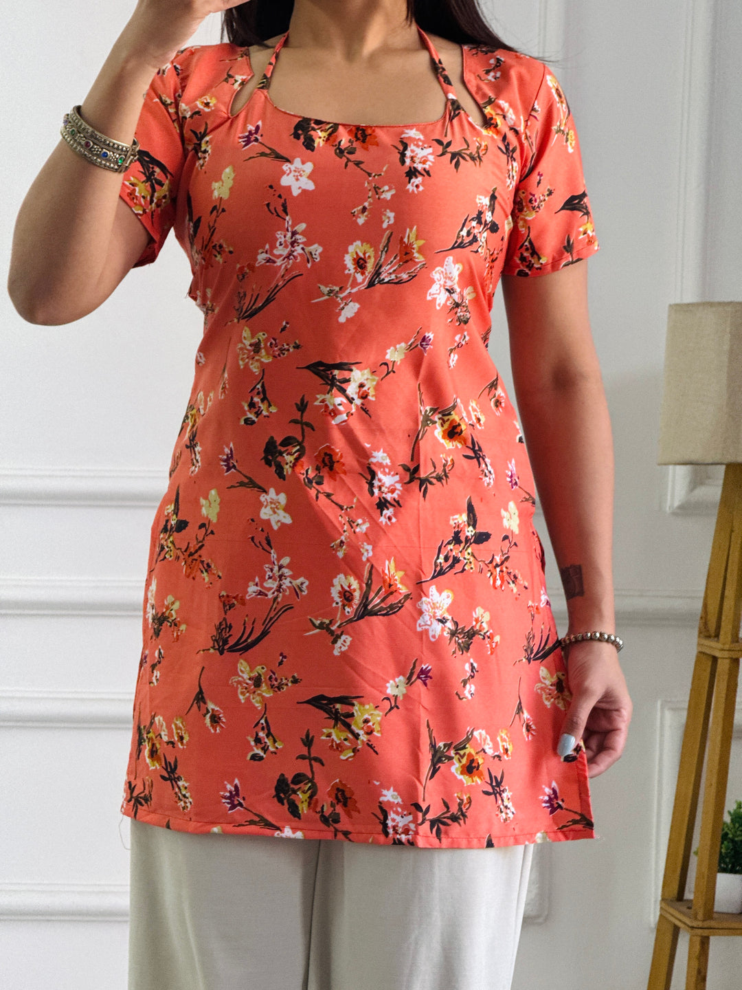 Coral Orange Floral Print Kurti with Adjustable Lace-Up Detail