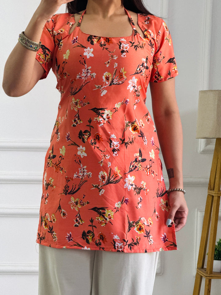 Coral Orange Floral Print Kurti with Adjustable Lace-Up Detail