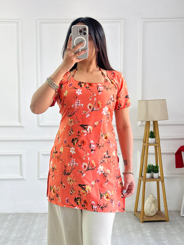 Coral Orange Floral Print Kurti with Adjustable Lace-Up Detail