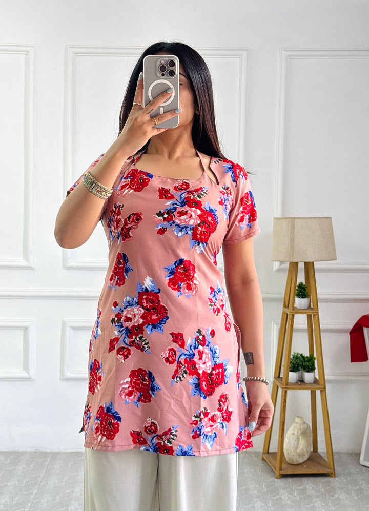 Aarvi Cambric Peach Floral Short Kurti with Square Neck & Back Lace-Up Detail