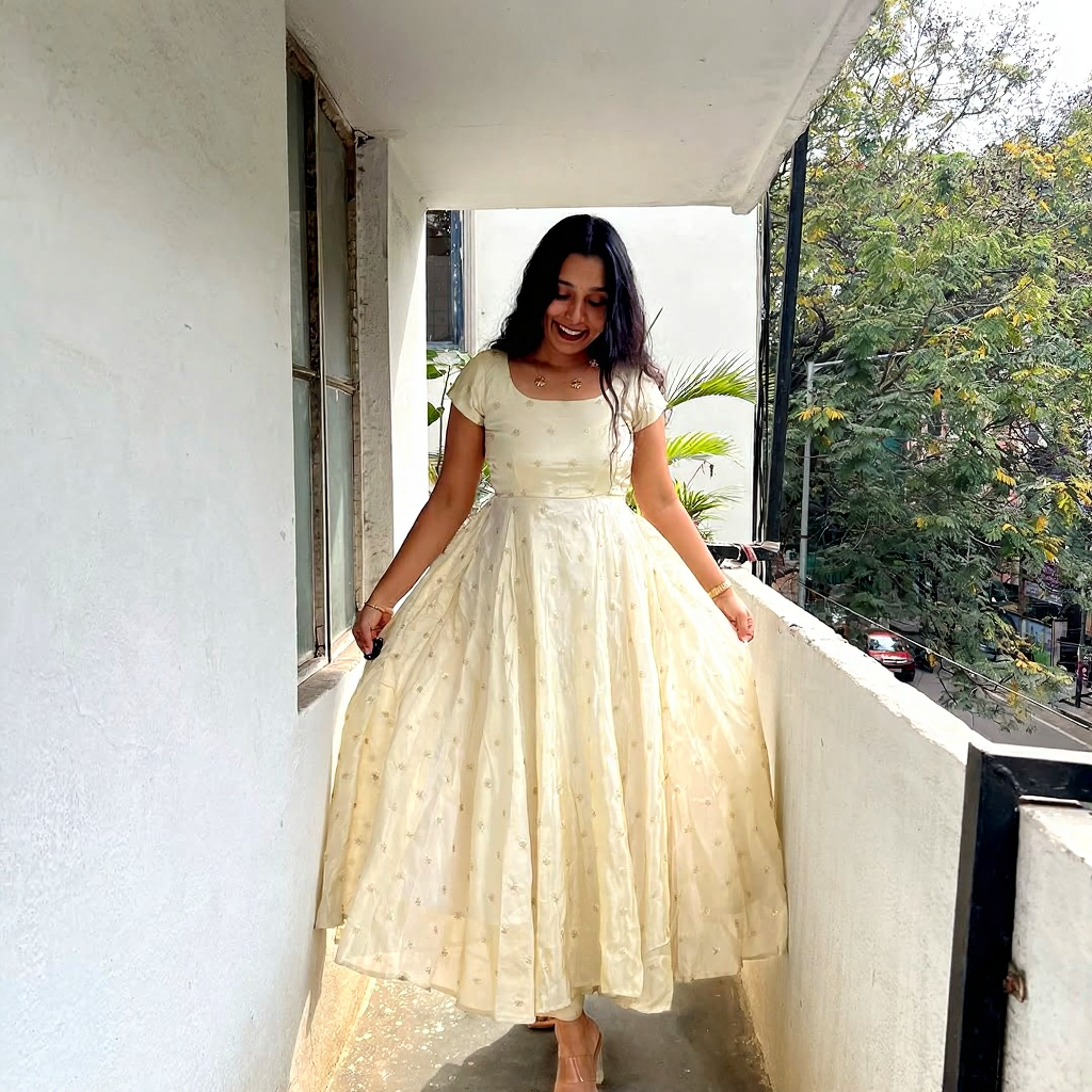 Cream Anarkali Dress with Light Grey Dupatta – Elegant Women’s Ethnic Wear