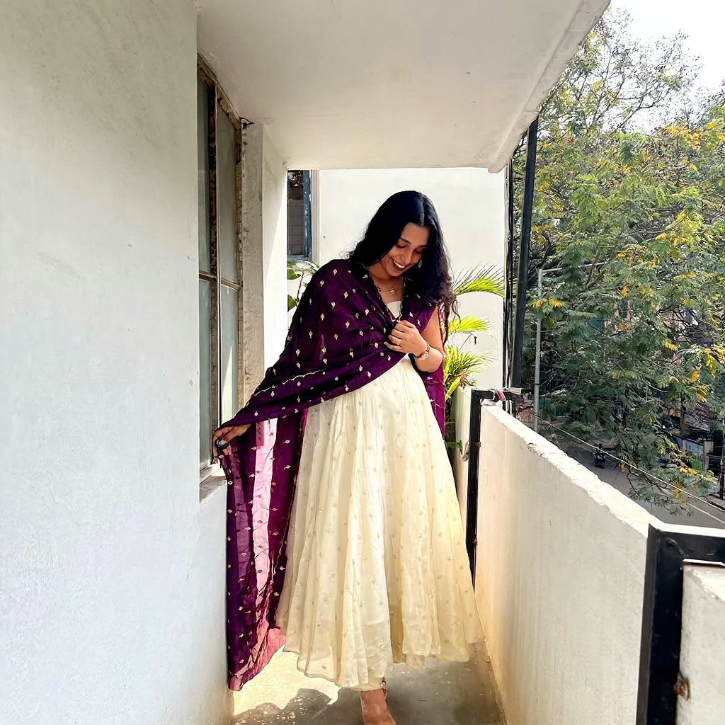 Cream Anarkali Dress with Dark Wine Dupatta – Elegant Women’s Ethnic Wear