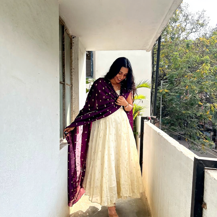 Cream Anarkali Dress with Dark Wine Dupatta – Elegant Women’s Ethnic Wear