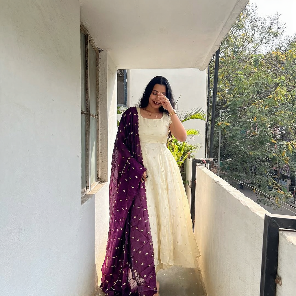 Cream Anarkali Dress with Dark Wine Dupatta – Elegant Women’s Ethnic Wear