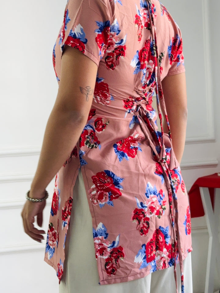 Aarvi Cambric Peach Floral Short Kurti with Square Neck & Back Lace-Up Detail