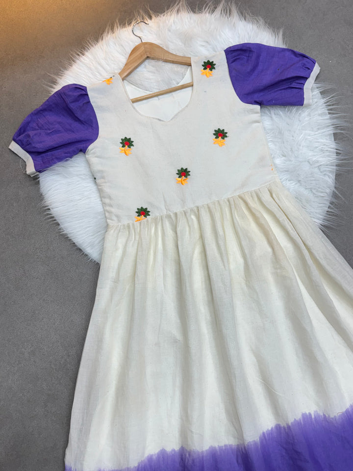 Cream & Lavender mul Cotton Flared Dress with Puff Sleeves and Floral Embroidery