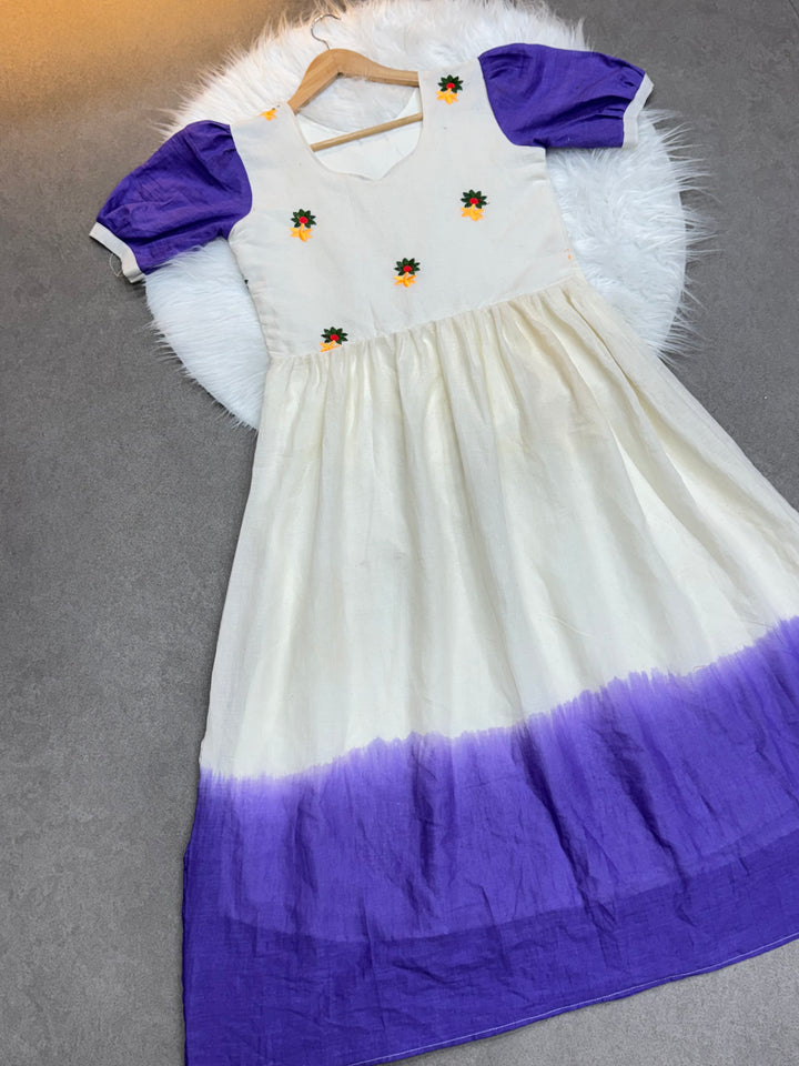 Cream & Lavender mul Cotton Flared Dress with Puff Sleeves and Floral Embroidery
