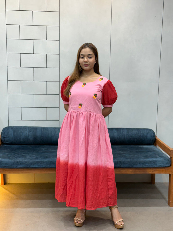 Pink & Red Ombre mul Cotton Flared Dress with Puff Sleeves and Floral Embroidery