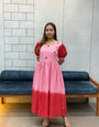 Pink & Red Ombre mul Cotton Flared Dress with Puff Sleeves and Floral Embroidery