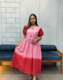 Pink & Red Ombre mul Cotton Flared Dress with Puff Sleeves and Floral Embroidery