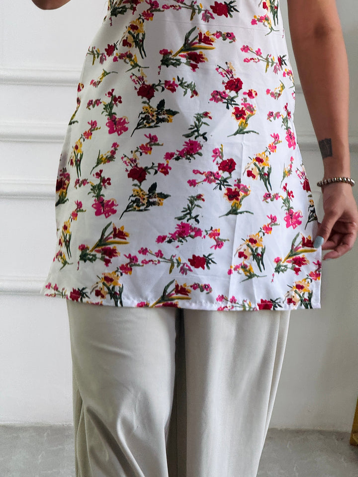 White Base Floral Print Cambric Cotton Kurti with Corset Back