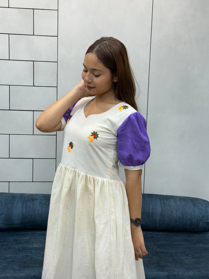 Cream & Lavender mul Cotton Flared Dress with Puff Sleeves and Floral Embroidery