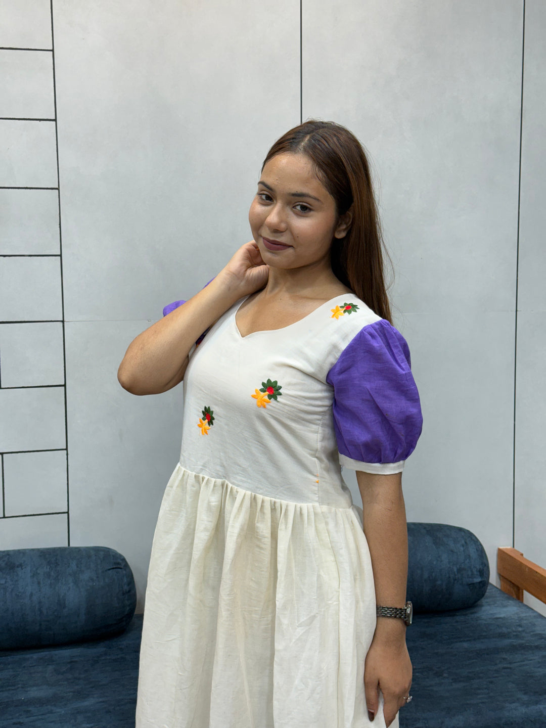 Cream & Lavender mul Cotton Flared Dress with Puff Sleeves and Floral Embroidery