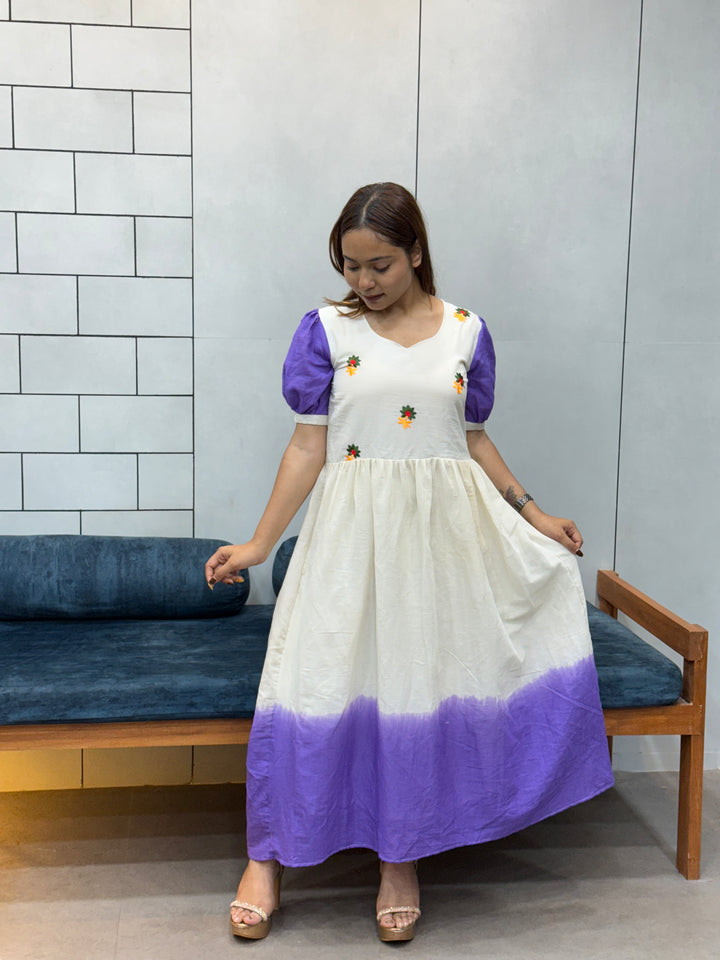 Cream & Lavender mul Cotton Flared Dress with Puff Sleeves and Floral Embroidery