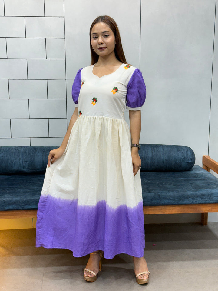 Cream & Lavender mul Cotton Flared Dress with Puff Sleeves and Floral Embroidery
