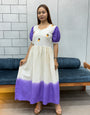 Cream & Lavender mul Cotton Flared Dress with Puff Sleeves and Floral Embroidery