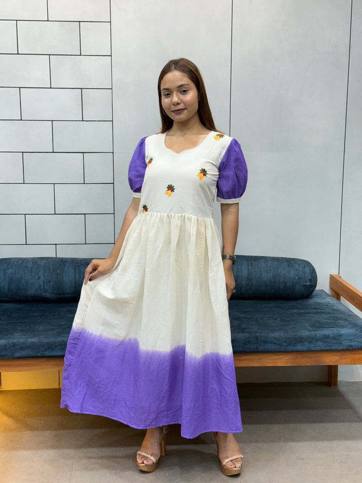Cream & Lavender mul Cotton Flared Dress with Puff Sleeves and Floral Embroidery