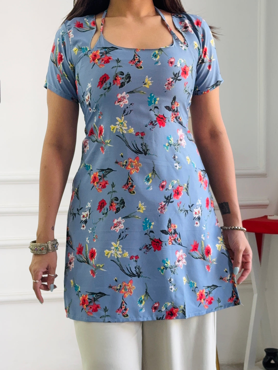Dusty Blue Multi-Floral Cambric Cotton Kurti with Corset Back