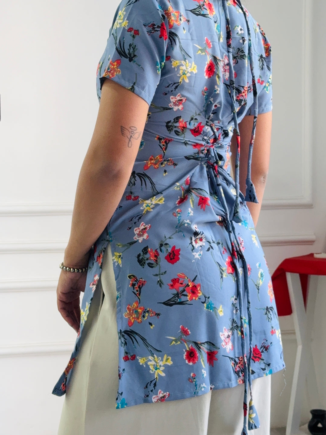 Dusty Blue Multi-Floral Cambric Cotton Kurti with Corset Back