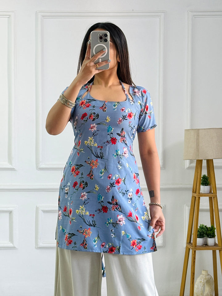 Dusty Blue Multi-Floral Cambric Cotton Kurti with Corset Back