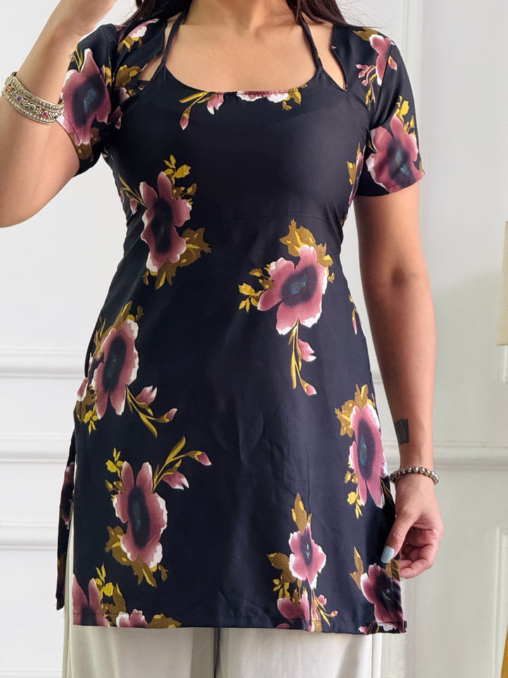 Burgundy & Black Floral Tunic with Adjustable Corset Back