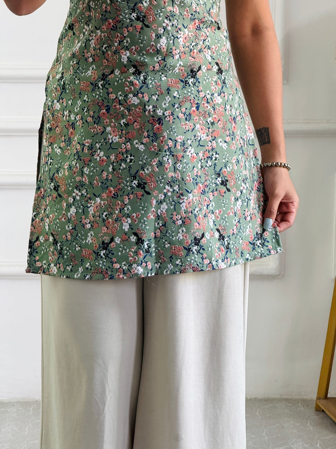 Halter Neck Floral Tunic with Custom Fit Back Lacing - Sage Green