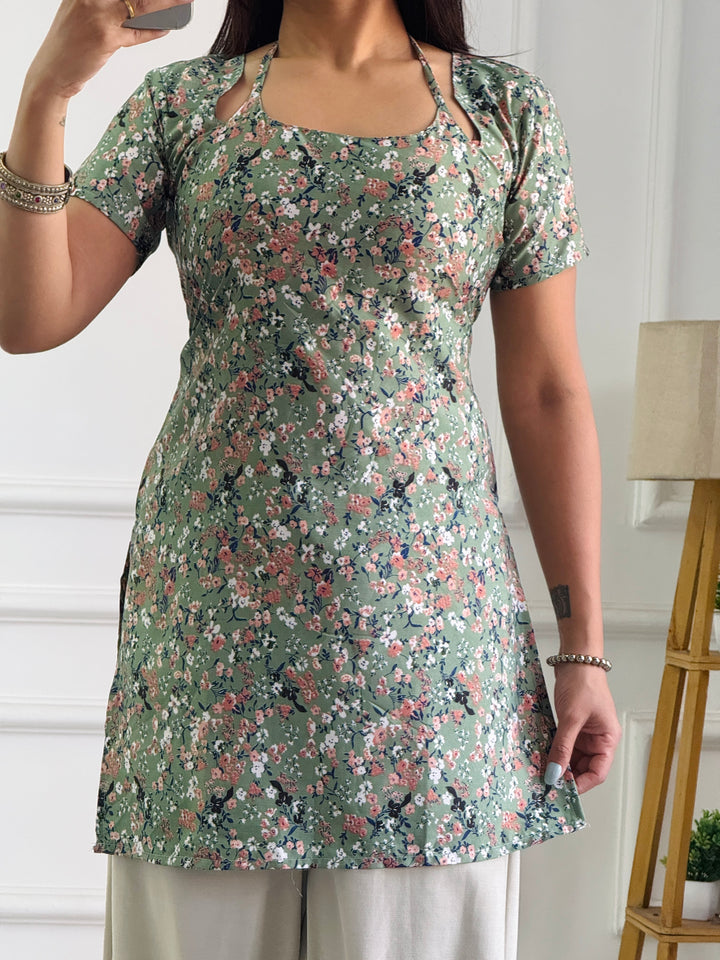 Halter Neck Floral Tunic with Custom Fit Back Lacing - Sage Green