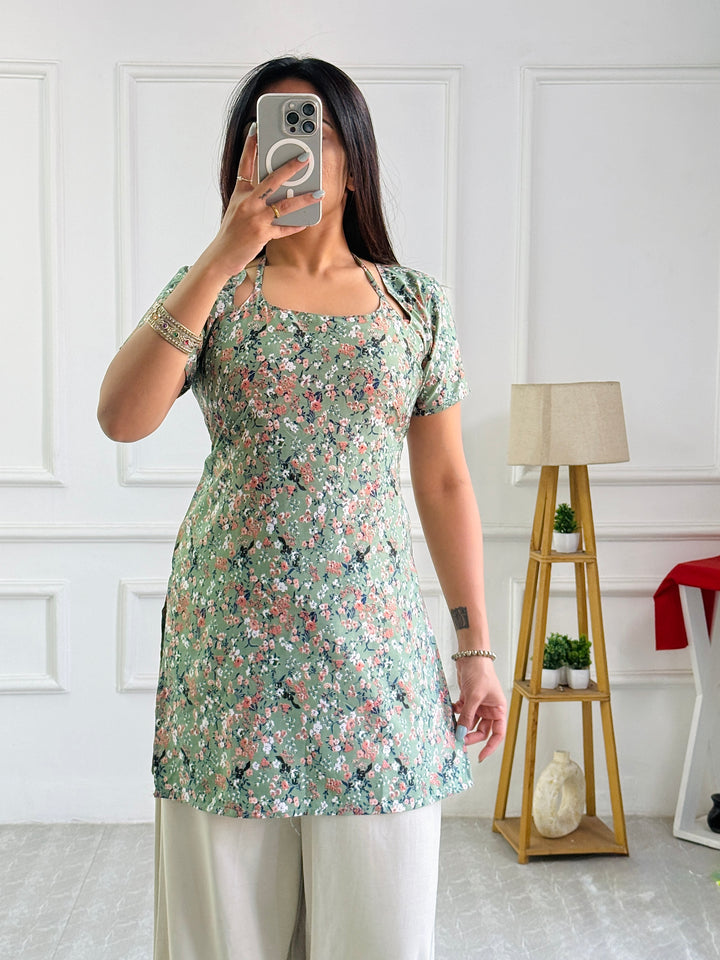 Halter Neck Floral Tunic with Custom Fit Back Lacing - Sage Green