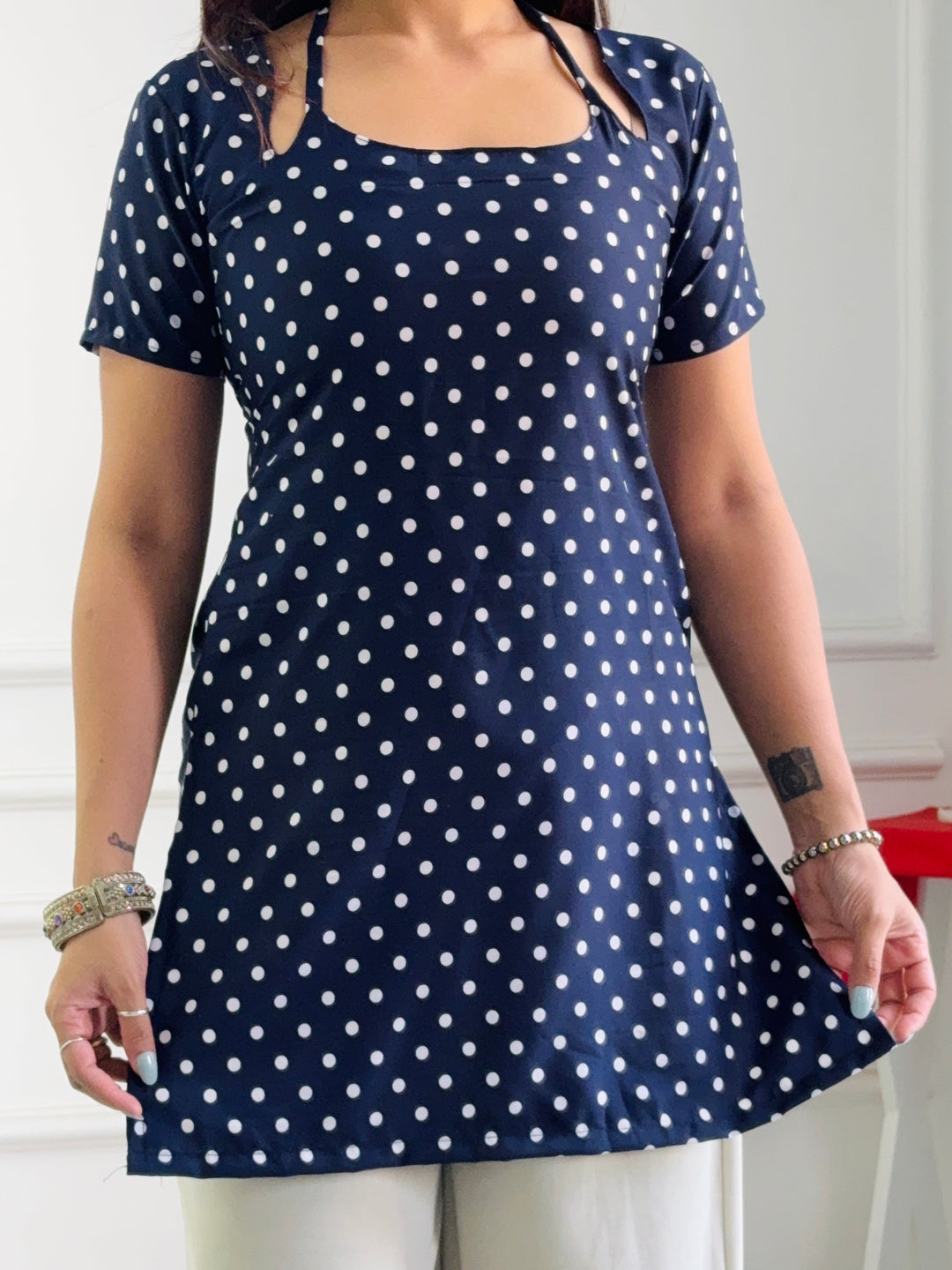 Classic Navy Polka Dot Multi-Wear Tunic - Adjustable Fit