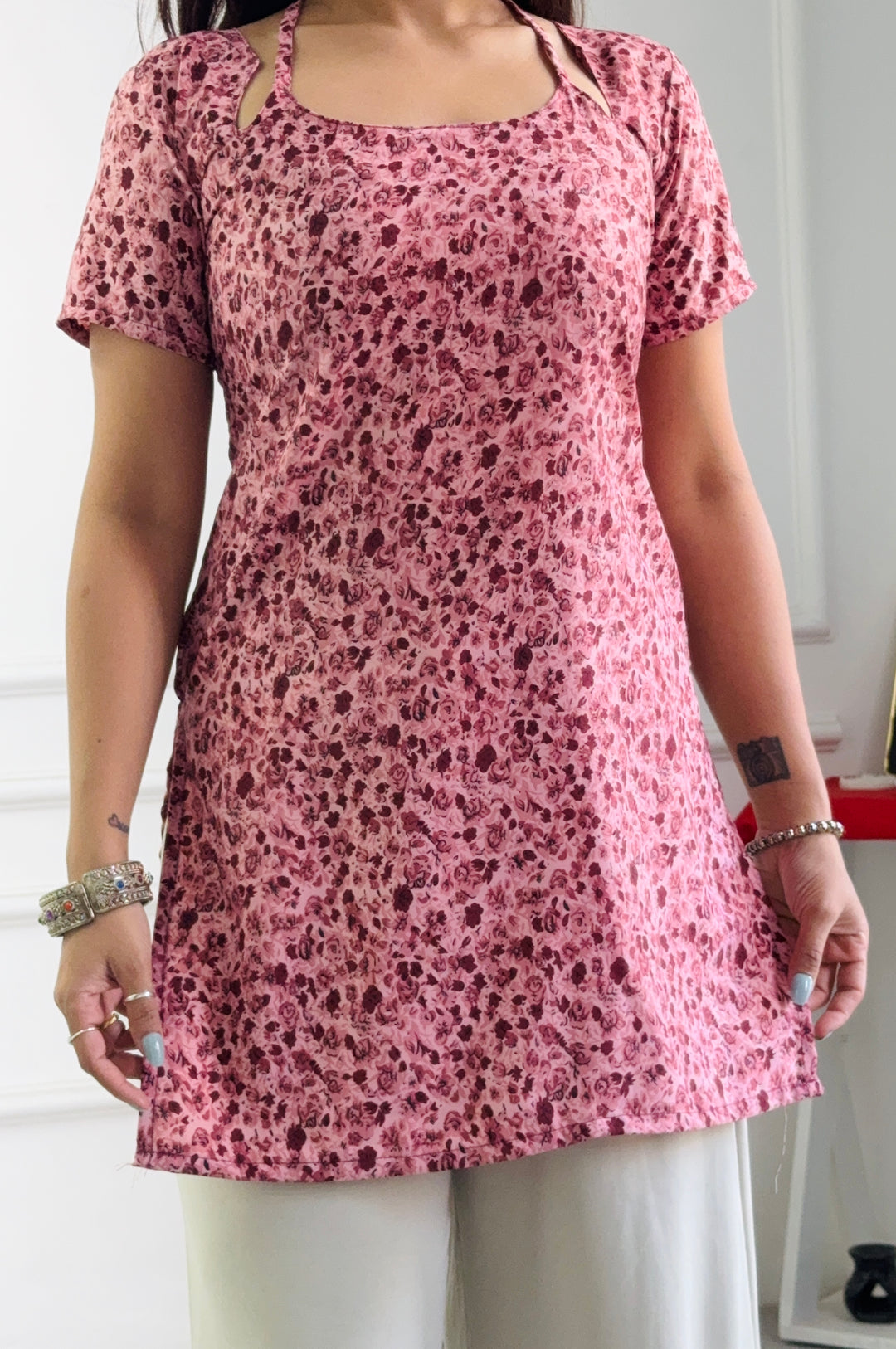 Dusty Pink Micro Floral Cambric Cotton Kurti with Corset Back