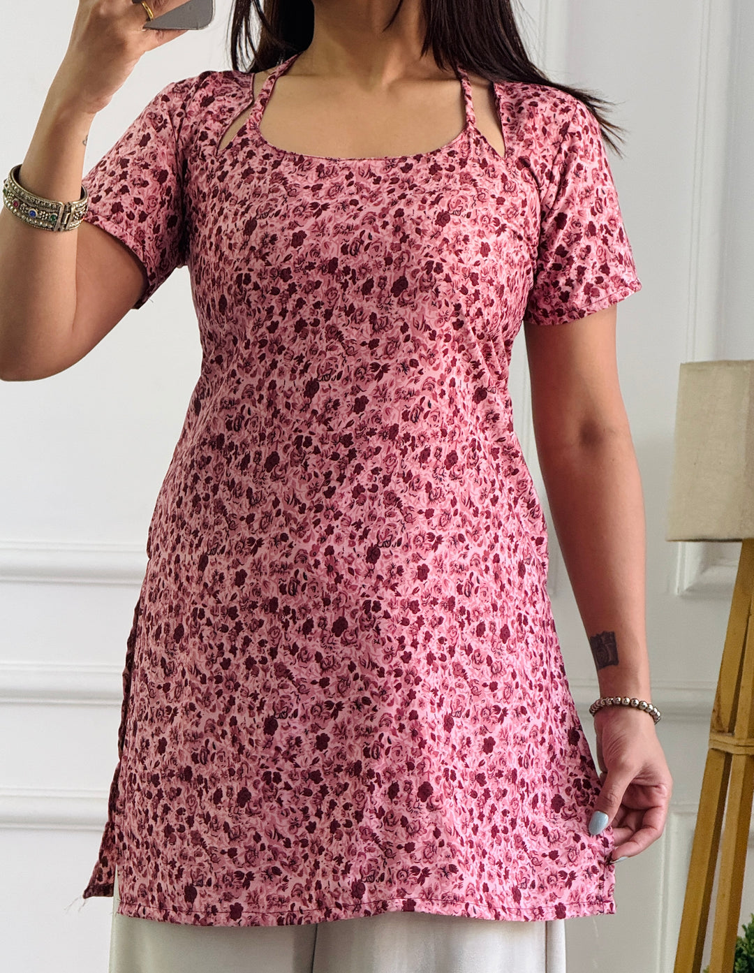 Dusty Pink Micro Floral Cambric Cotton Kurti with Corset Back