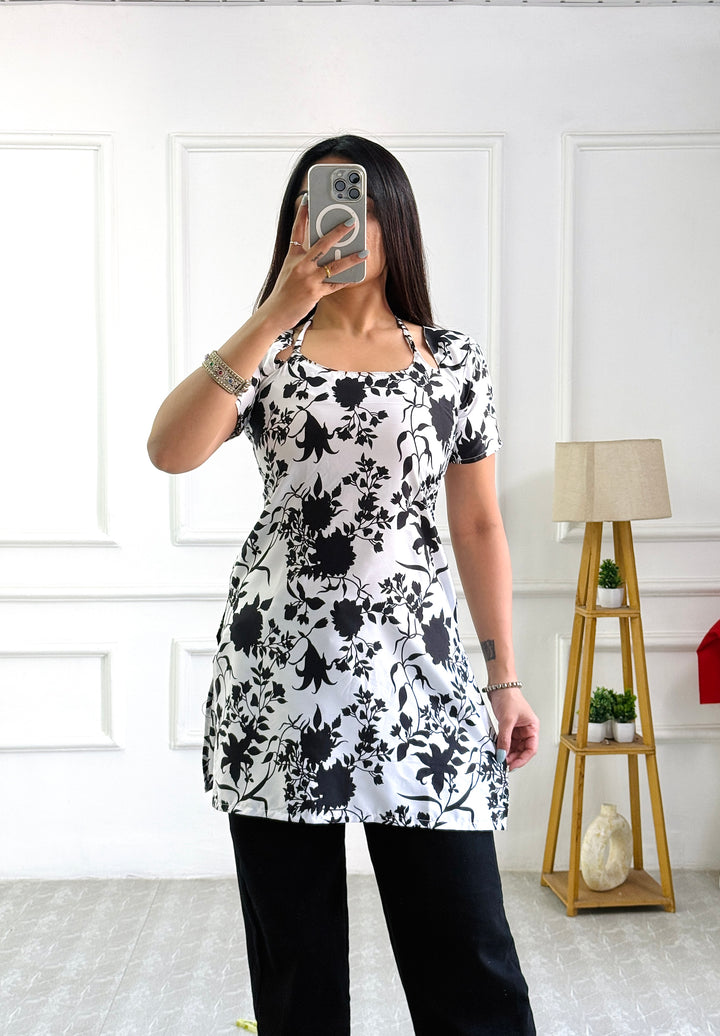 Classic Black & White Floral Multi-Wear Tunic - Adjustable Fit