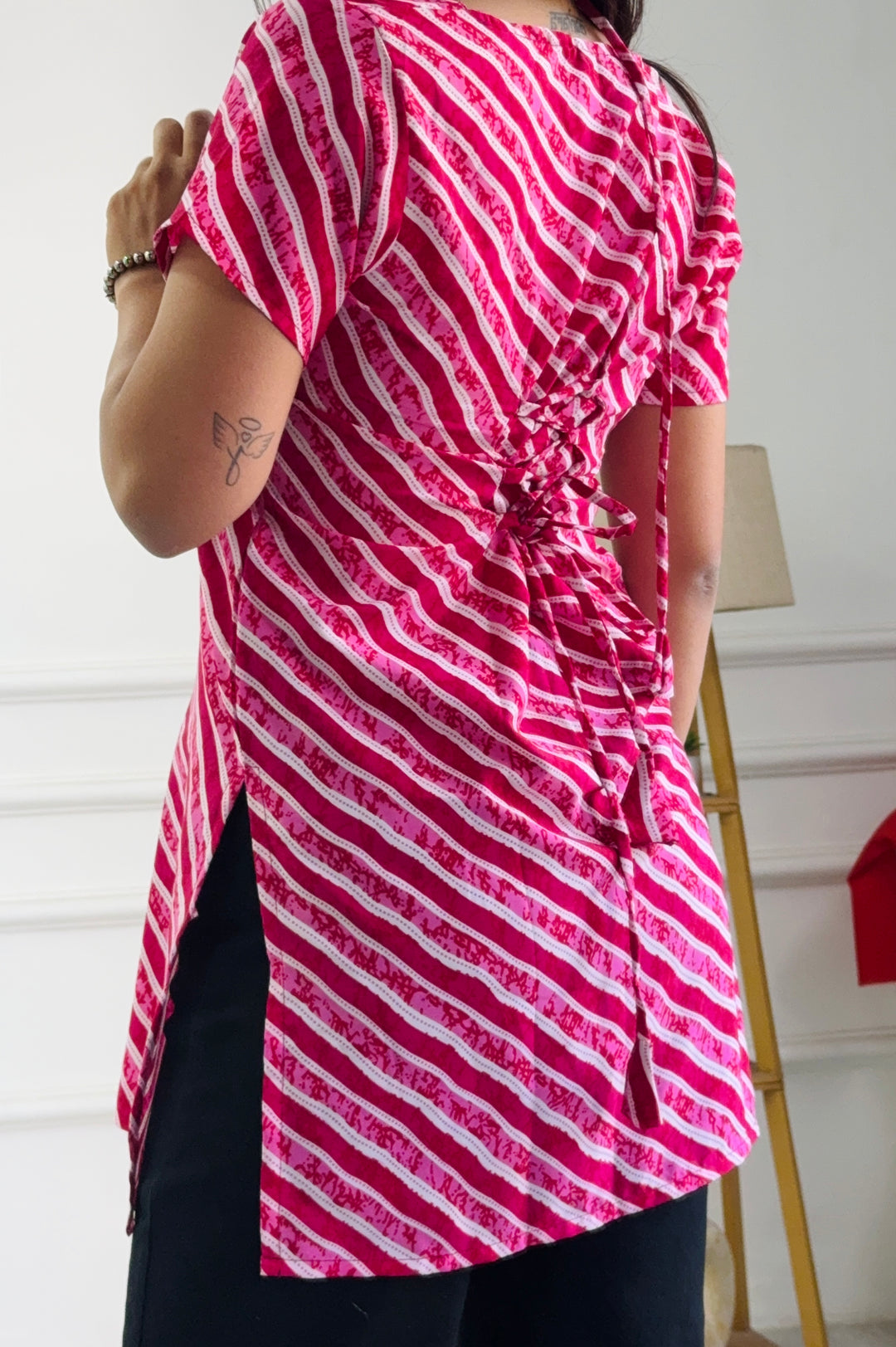 Festive Pink & White Stripe Multi-Wear Kurti - Adjustable Fit