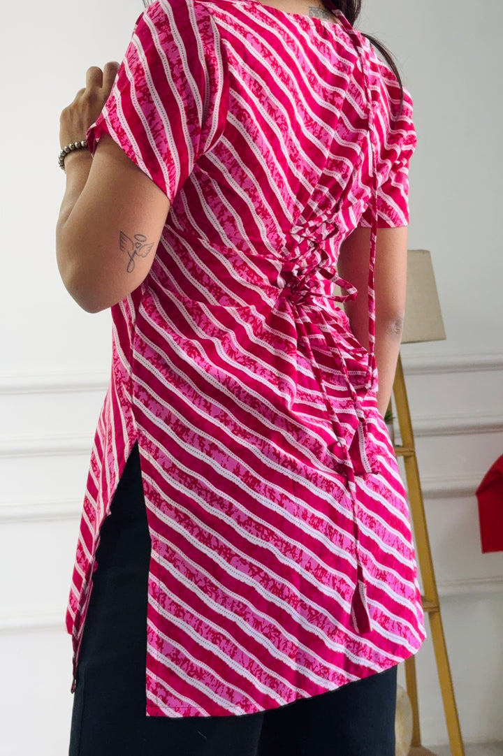 Festive Pink & White Stripe Multi-Wear Kurti - Adjustable Fit