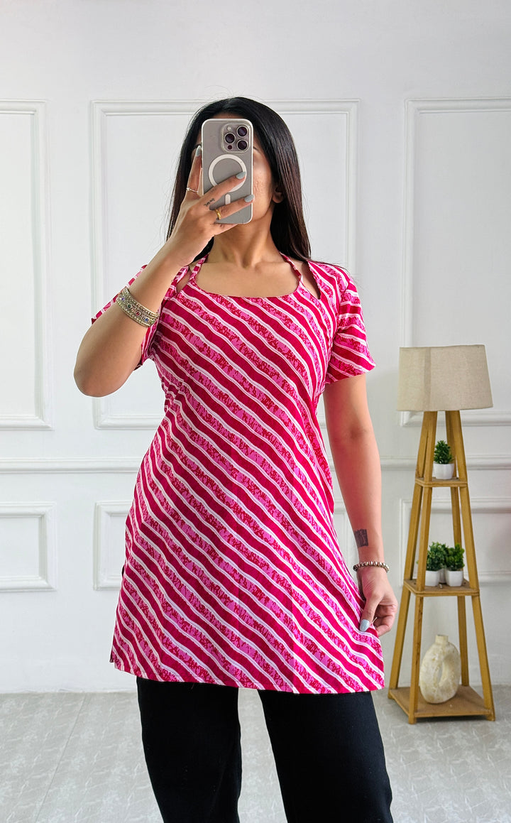 Festive Pink & White Stripe Multi-Wear Kurti - Adjustable Fit