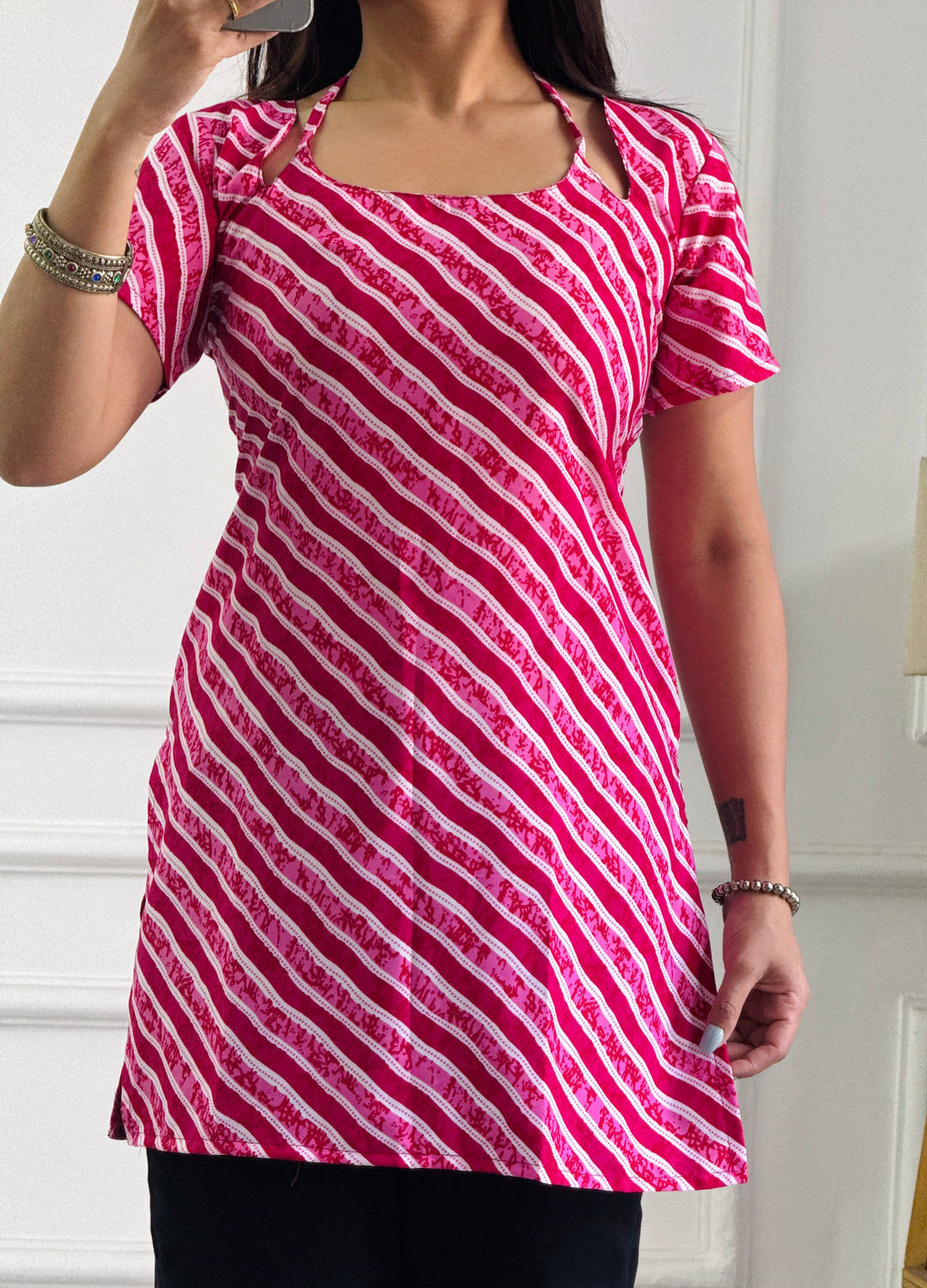 Festive Pink & White Stripe Multi-Wear Kurti - Adjustable Fit