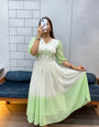 Pista Green Georgette Maxi Dress | Handcrafted Beads & Kardana | Comfortable Cotton Lining