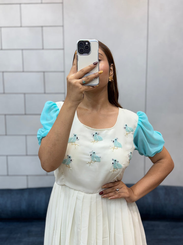Sky Blue Flowing Georgette Maxi | Beautiful Beads & Kardana Handwork | Day Party Wear