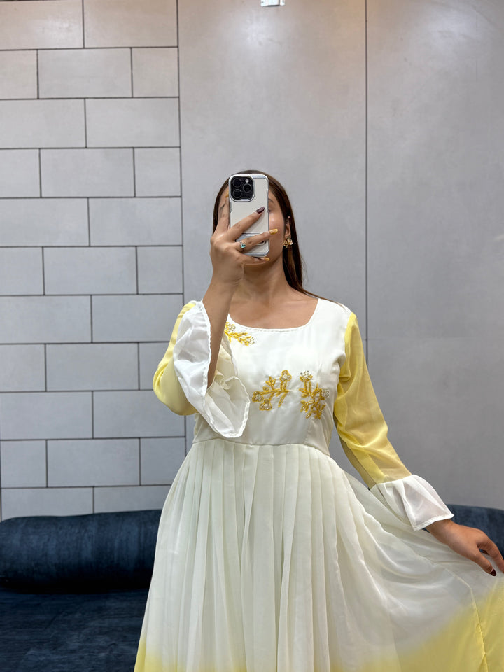 Sunshine Yellow Georgette Maxi Dress | Handcrafted Beads & Kardana | Comfortable Cotton Inner