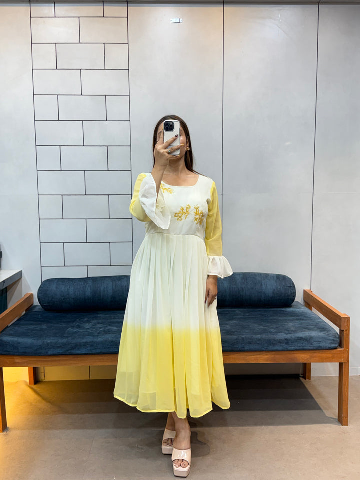 Sunshine Yellow Georgette Maxi Dress | Handcrafted Beads & Kardana | Comfortable Cotton Inner