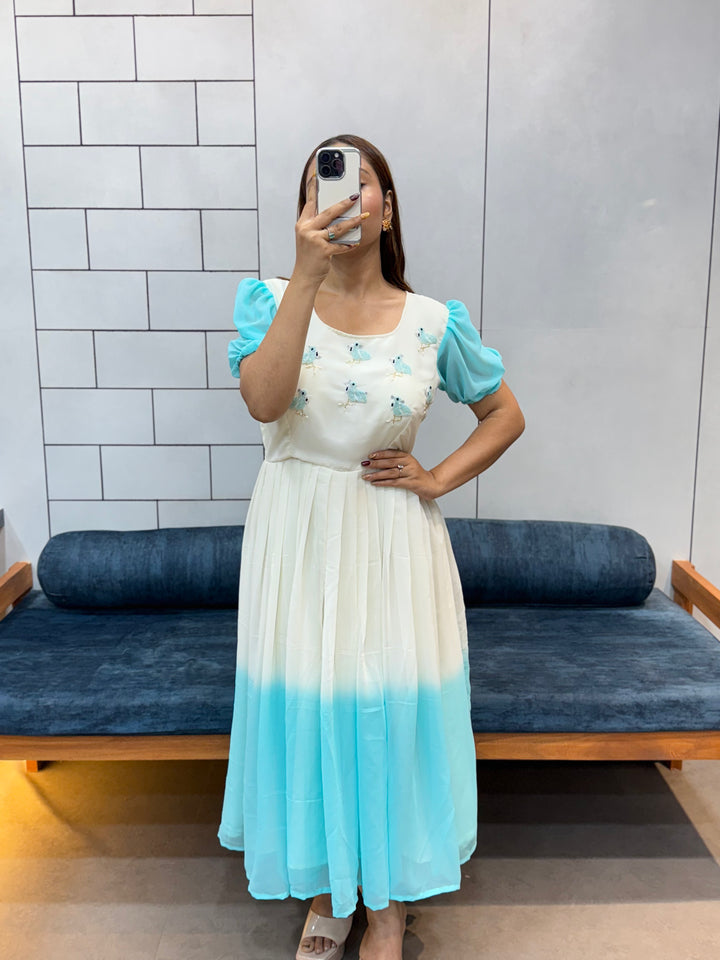 Sky Blue Flowing Georgette Maxi | Beautiful Beads & Kardana Handwork | Day Party Wear